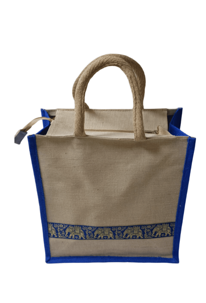 Jute Bag with Blue Trim and Elephant Print view 2
