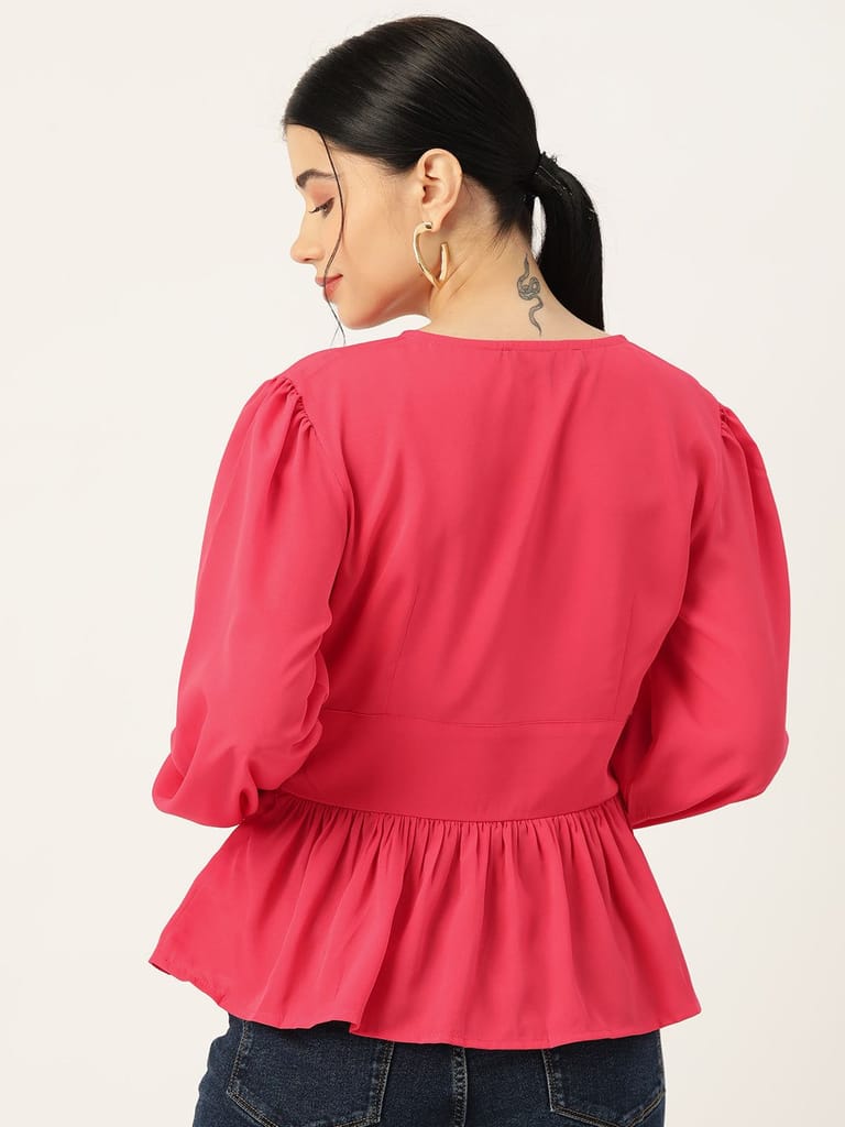 Coral Solid Puff Sleeve Crepe Peplum Top view 2