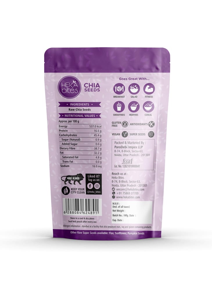 Heka Bites Raw Chia Seeds, 250g | 100% Raw Seeds| Source of Omega -3 Fatty Acids and Calcium, High in Dietary Fibre and Protein| Super Seeds| Diet Snacks view 2