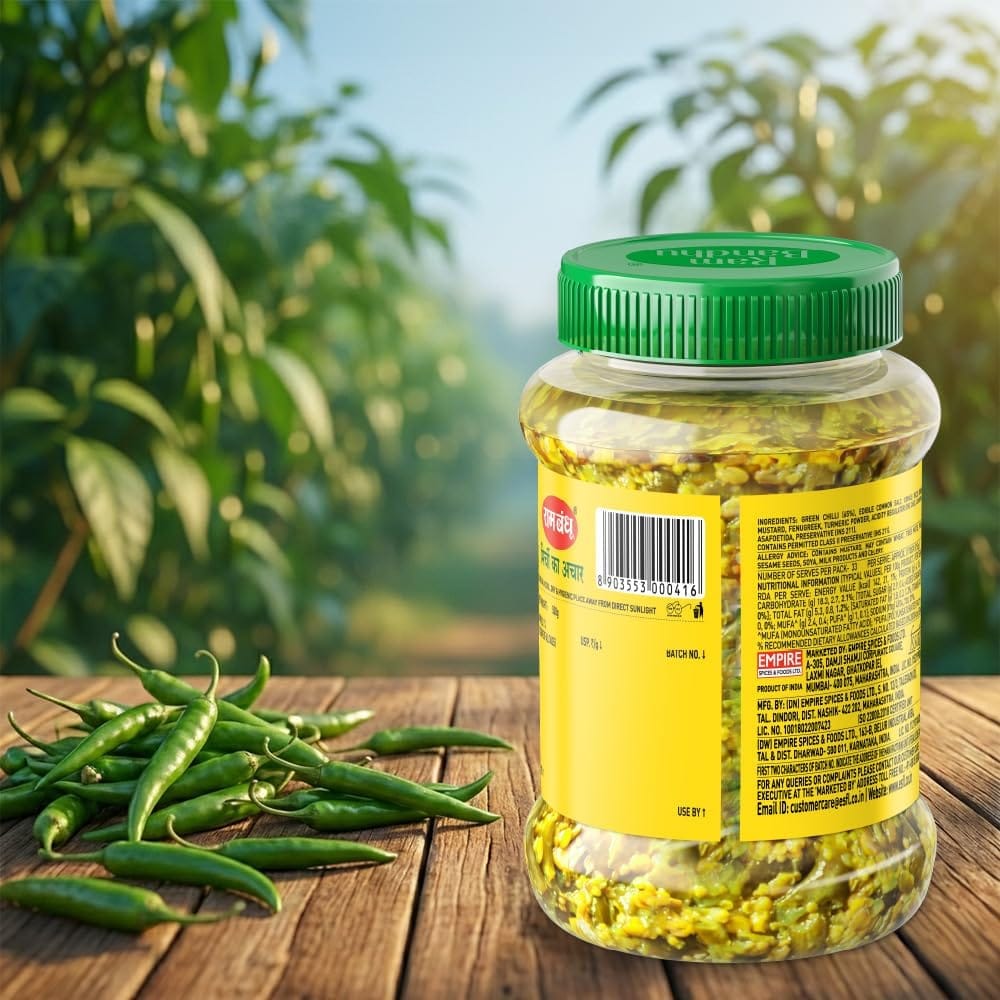 Ram Bandhu Chilli Pickle 500gm Pack | Pack of 1 | Ready to Eat | with Green Chilli | Mustard, Fenugreek, Turmeric Powder, Oil, and Salt view 2