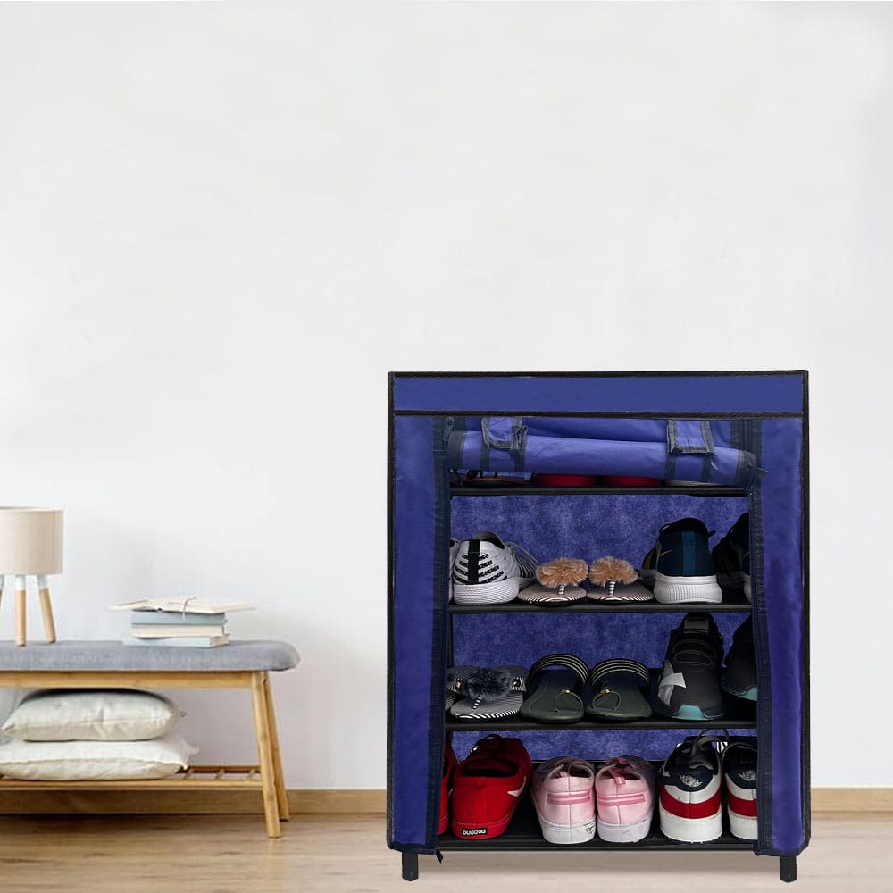 PHILOSHOP 4-Tier Metal Shoe Rack with Dustproof Cover – Black, Space-Saving Storage Organizer for Entryway