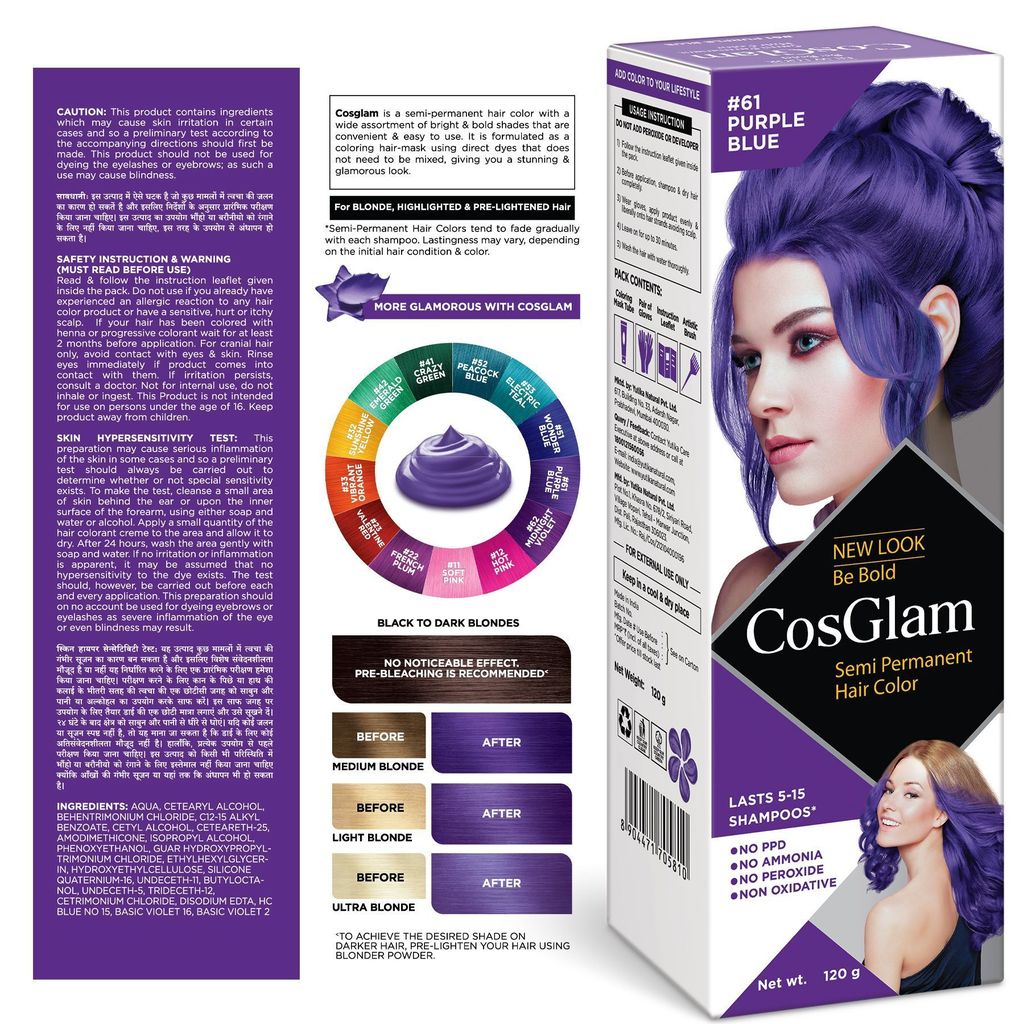 COSGLAM Semi Permanent Hair Color, No Peroxide, Non Oxidative, Ammonia Free Hair Colour 61 Purple Blue - 120gm view 2