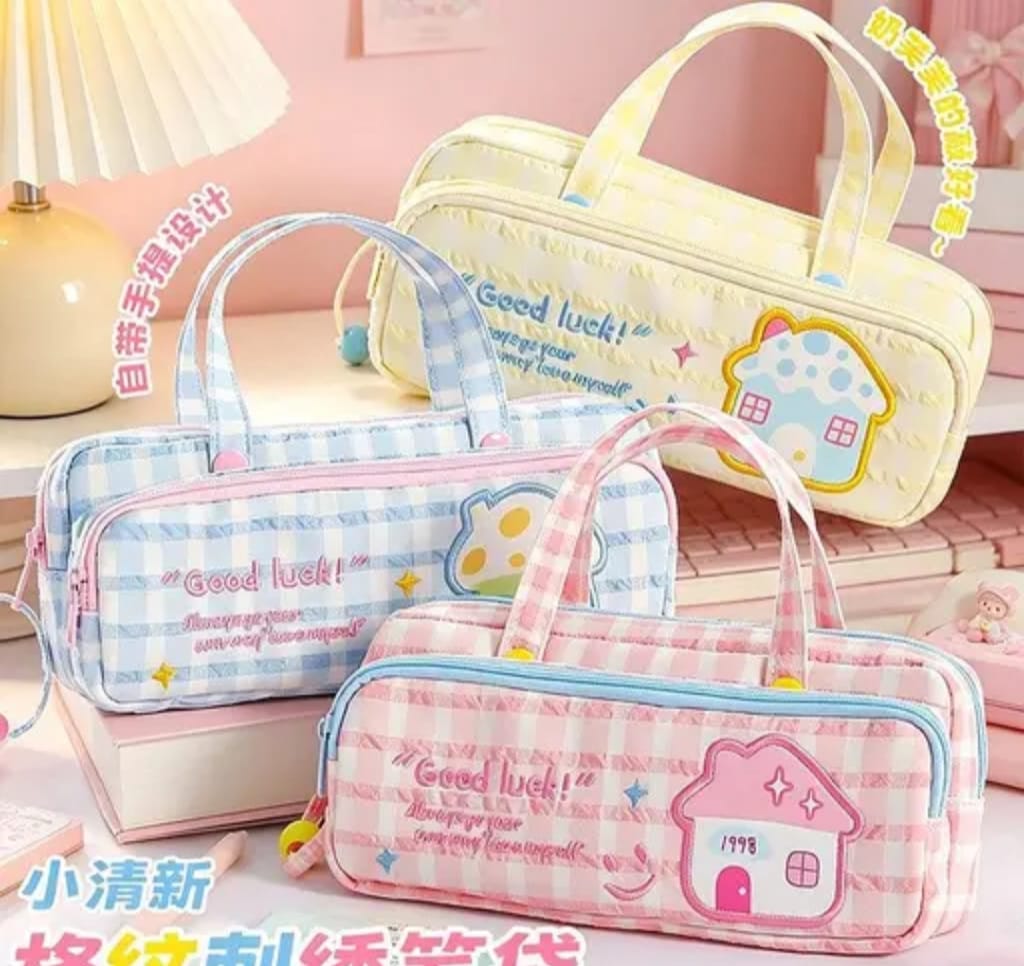 Cute Yellow Checkered Multipurpose Pencil Pouch with Handle for Girls – Large Capacity School Stationery Organizer view 2