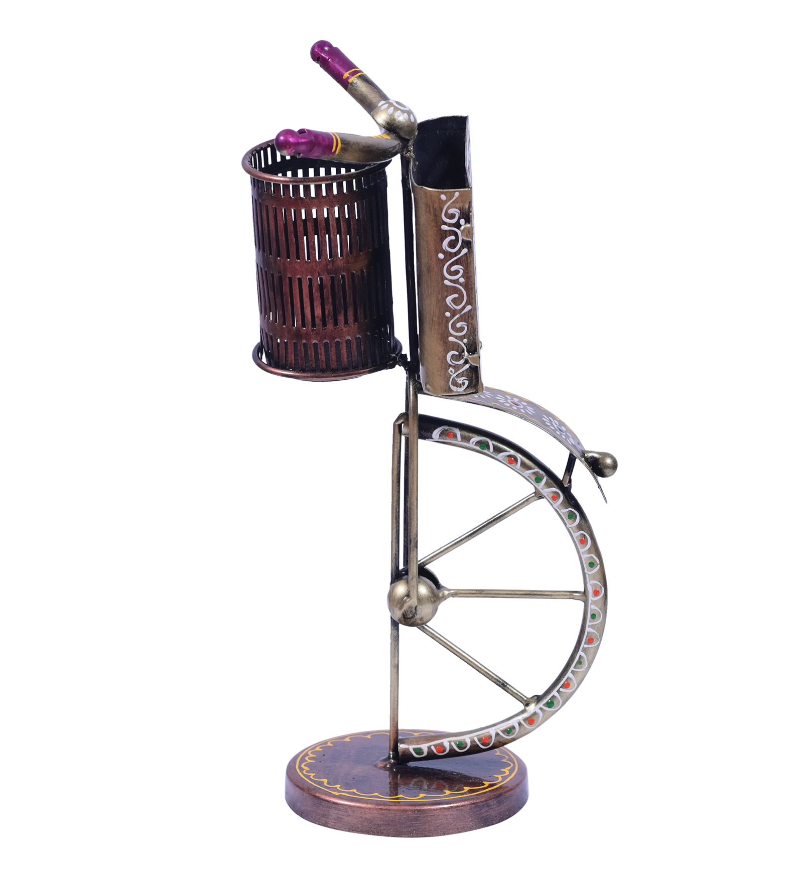 Metal Antique Golden Cycle Pen Stand, Antique Office Table Decorative showpiece Pen Stand and Card Holder for Home, Office Tables, Study Table Decoration Gift Items (5x5x11) Inch view 2