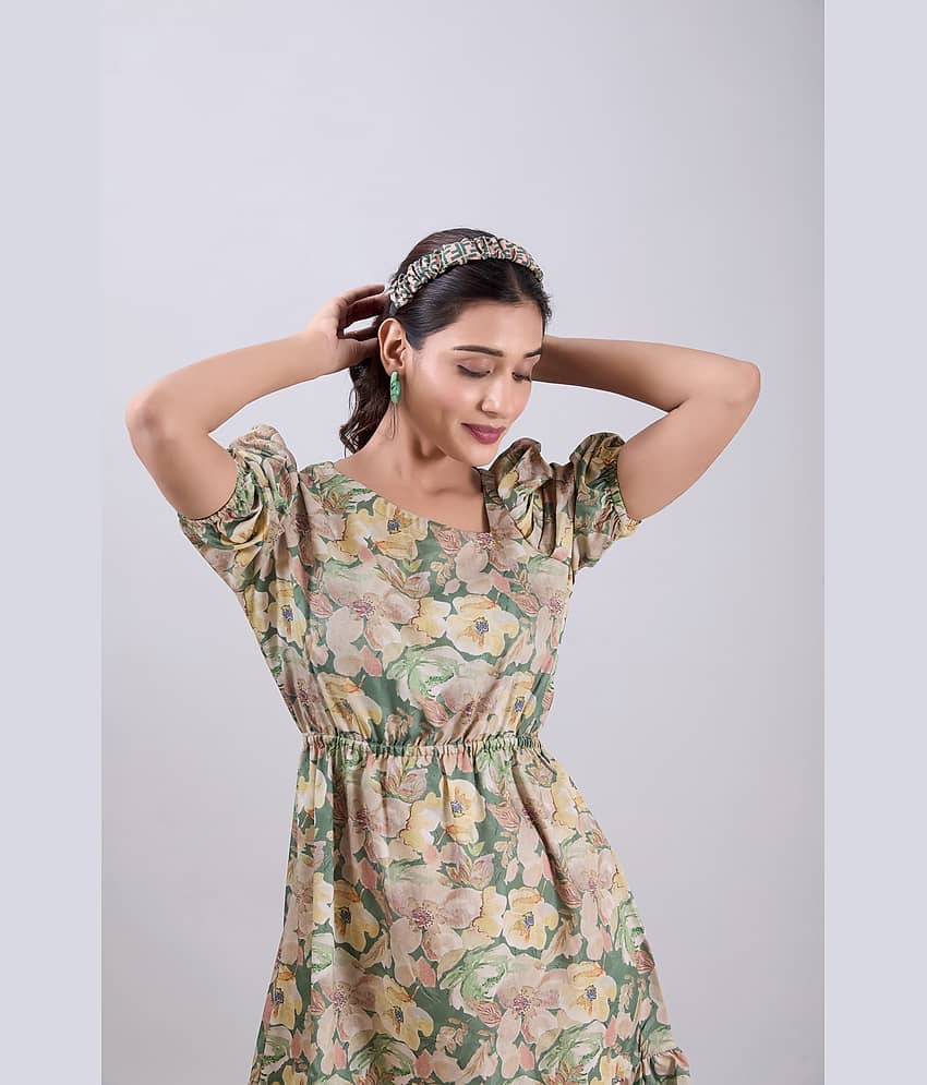 Amarasha Women Crepe Printed Fit & Flare Dress ( Olive ) view 2