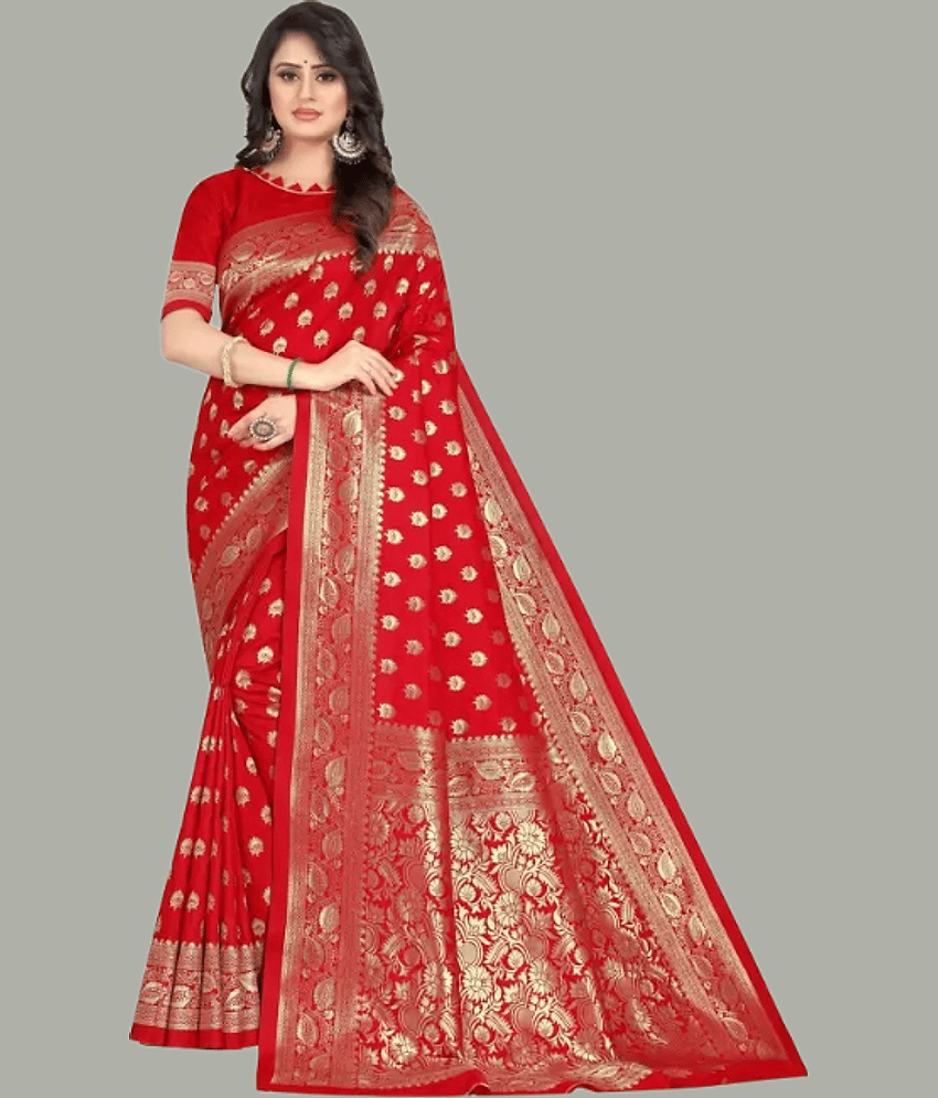 GARIYA Banarasi Silk Woven Saree With Unstitched Blouse Piece ( Red )