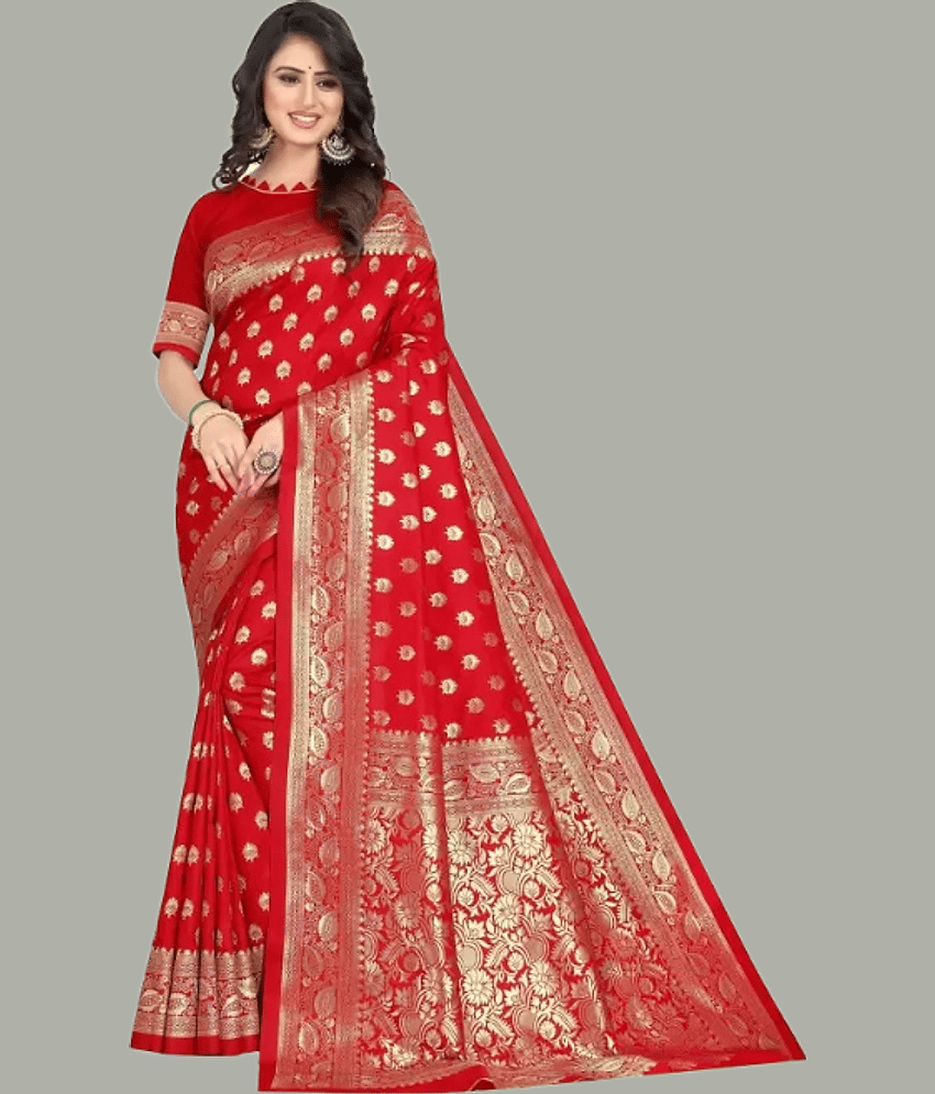 GARIYA Banarasi Silk Woven Saree With Unstitched Blouse Piece ( Red ) view 2