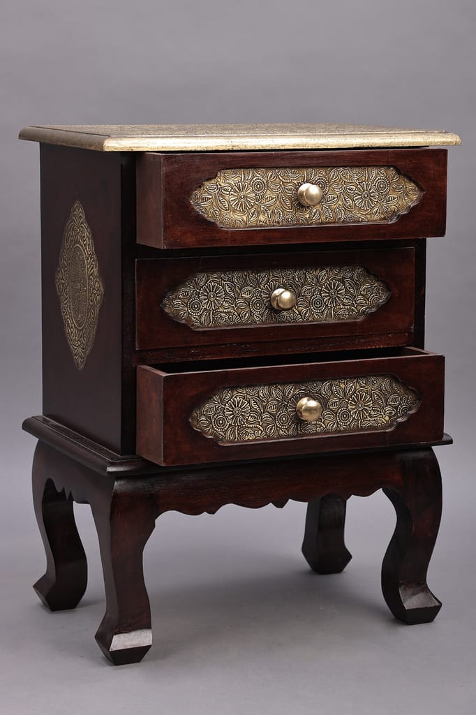 Wood To Cart® Rajasthani Brass Wooden Bedside Table | Nightstand 3 Chest of Drawer | End Table | Storage Organizer | Entryway Drawer Table Bedroom Furniture(18x12x24") view 2
