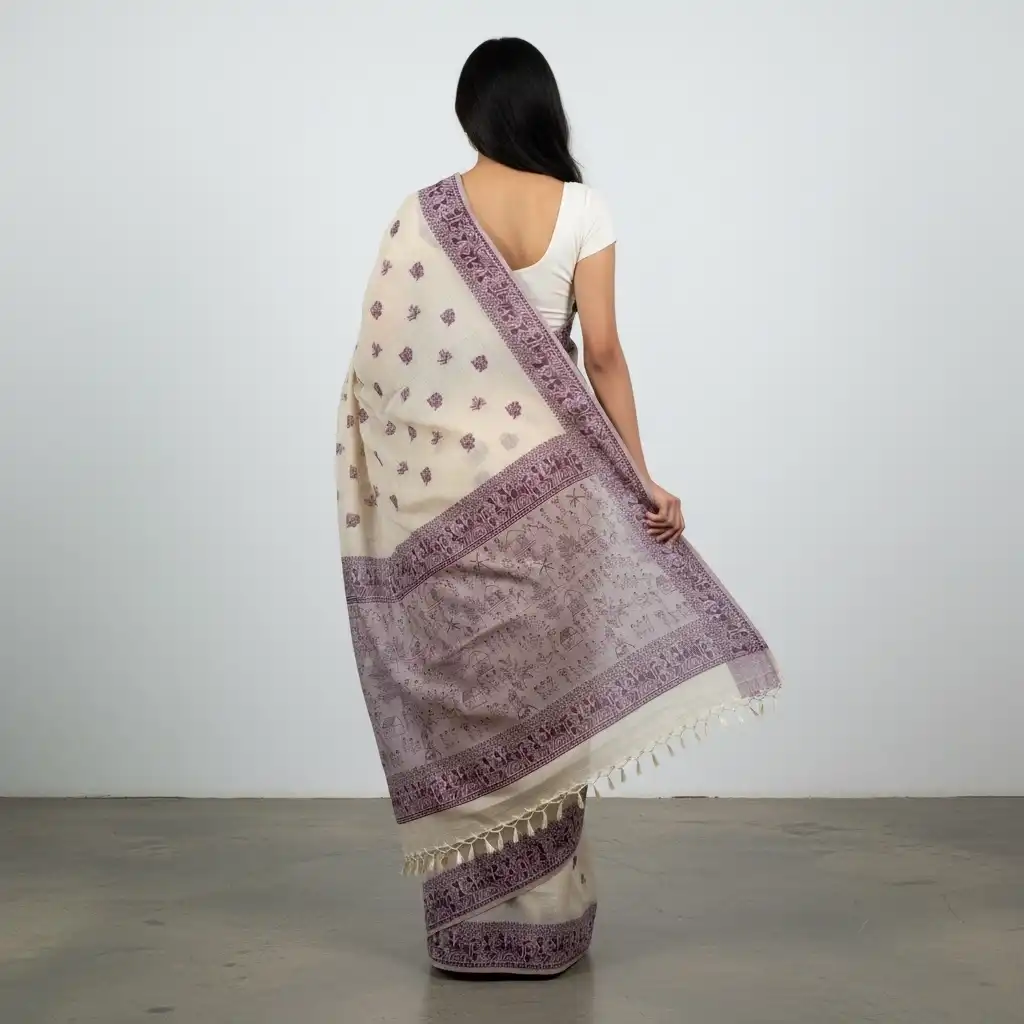Sambalpuri Baandha Ikat Handloom Cotton Saree in Cream and Purple view 2