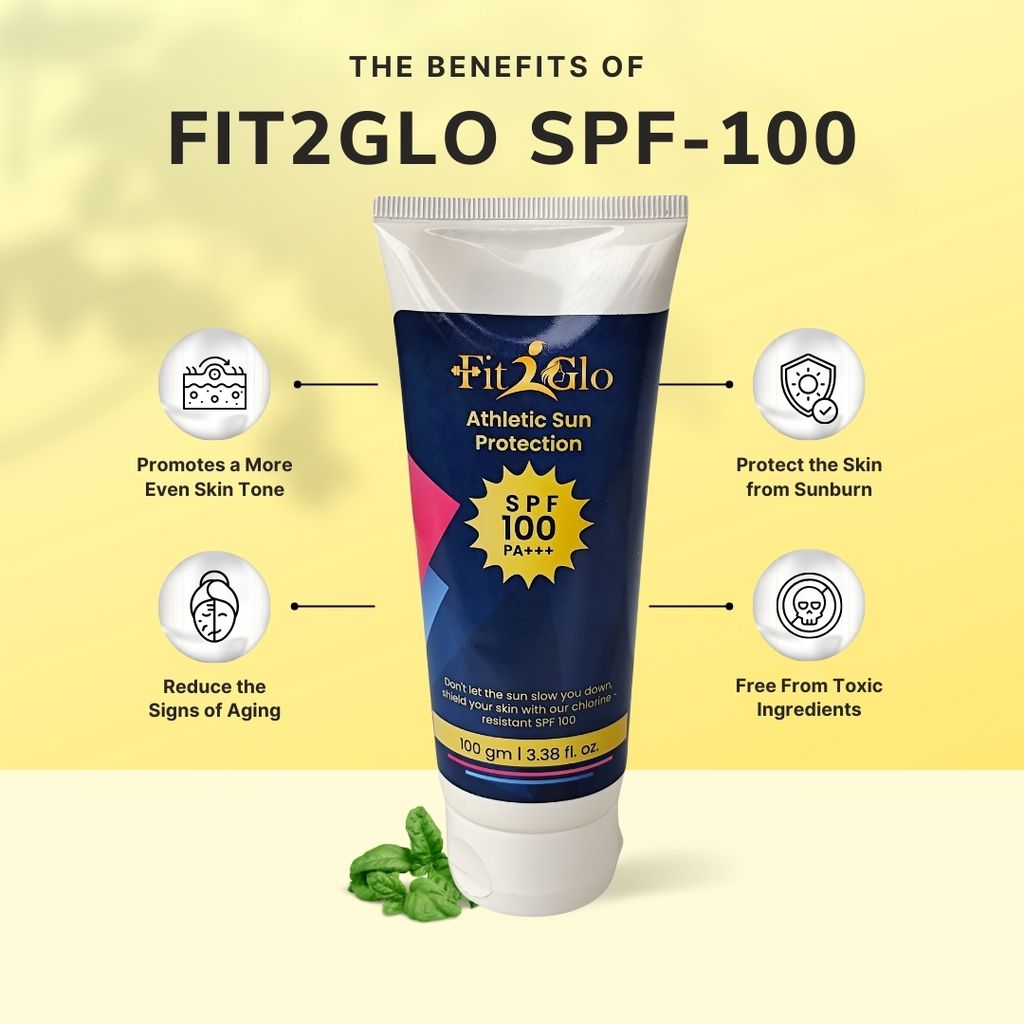 Fit2Glo Athletic Sunscreen Lotion SPF-100 | Non-Greasy, Quick-Absorbing, Chlorine Water Resistant, No White Cast, Broad Spectrum | UVA UVB Sun Protection | Women & Men | All Skin Type | 100 GM view 2