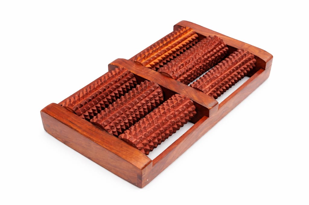 Brown Wooden Foot Massager With 6 Rollers, Traditional Acupressure Design For Pain Relief, Stress Relief, Reflexology
