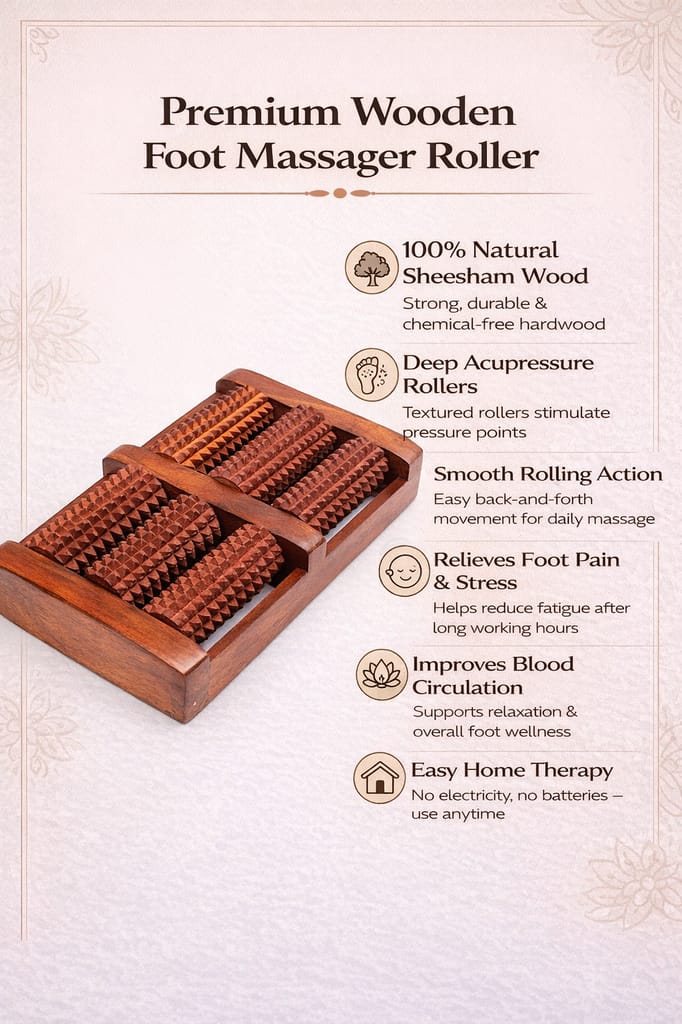Brown Wooden Foot Massager With 6 Rollers, Traditional Acupressure Design For Pain Relief, Stress Relief, Reflexology view 2