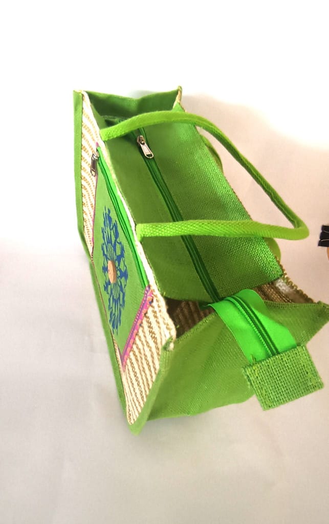 Handmade Jute Bag with Colorful Embroidery and Zipper Closure view 2