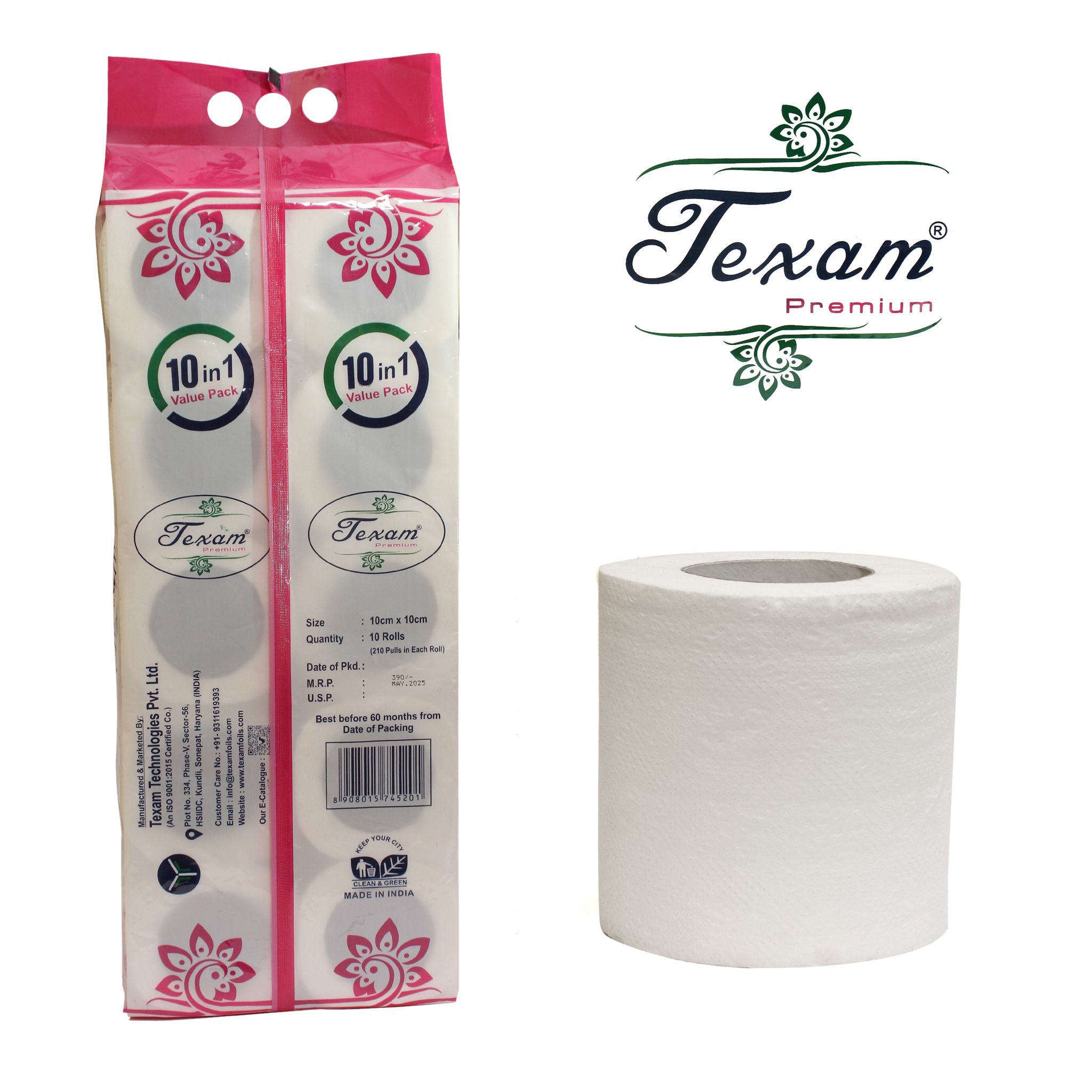 Texam 2 Ply Soft And Highly Absorbent Toilet Tissue Paper | 100% Natural Virgin Cellulose Fiber - Pack of 10 (210 Pulls Per Roll, 2100 Sheets) view 2