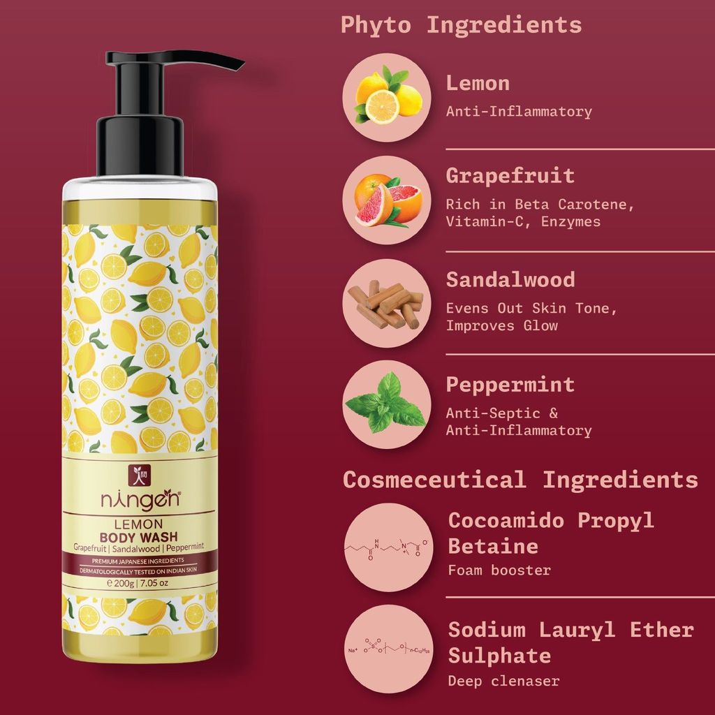 Ningen Lemon Body Wash I Essence of Grapefruit, Sandalwood, Peppermint I Irritation Free, Paraben Free I Powerhouse of Antioxidants, Helps Detoxify the Skin I 200g view 2