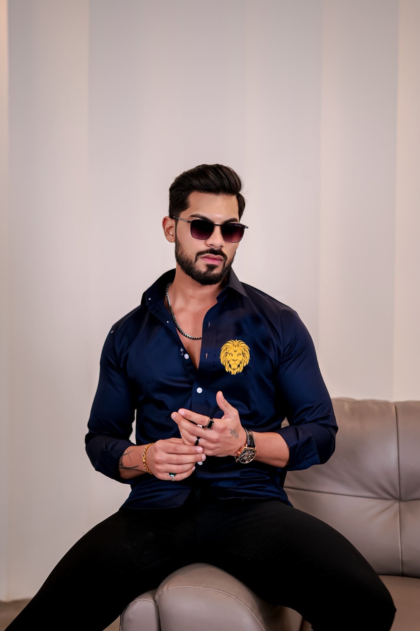 Navy lion embroidery premium satin cotton shirt view 2