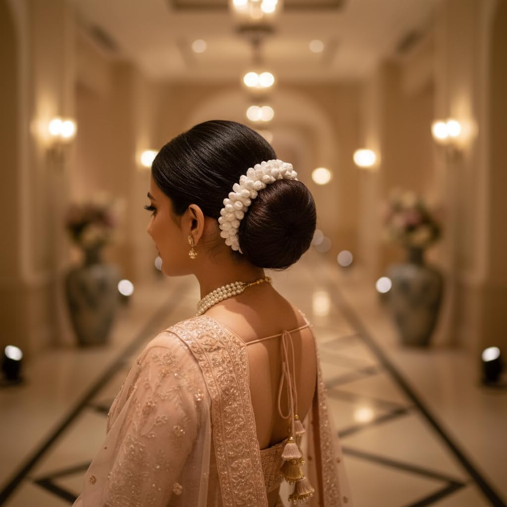 Handcrafted White Mogra Gajra Hair Accessory with Green Tassels, Artificial Crochet Flower Bun Garland view 2
