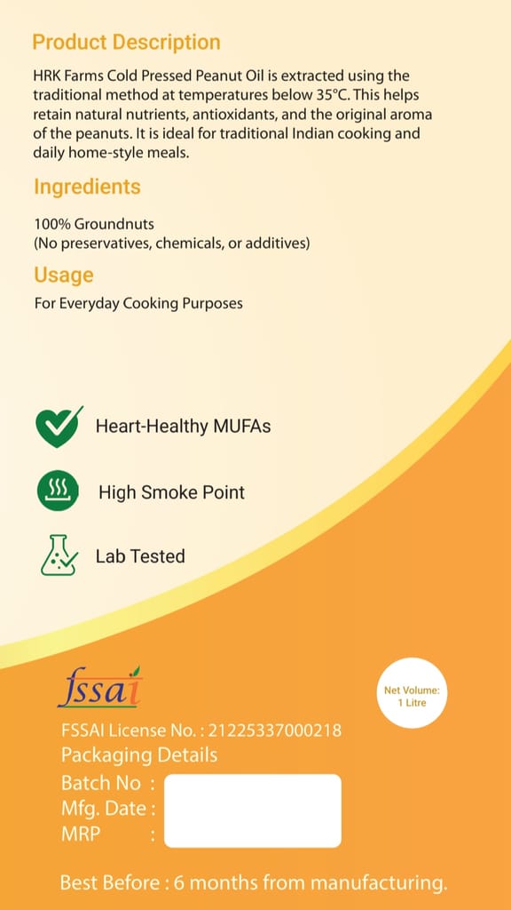 HRK Farms Cold Pressed Groundnut Oil | 100% Pure Peanut Oil | Unrefined & Zero Additives | Wood Pressed Groundnut Oil for Daily Cooking | Kachi Ghani Oil | Groundnut Oil Oil 1 L view 2