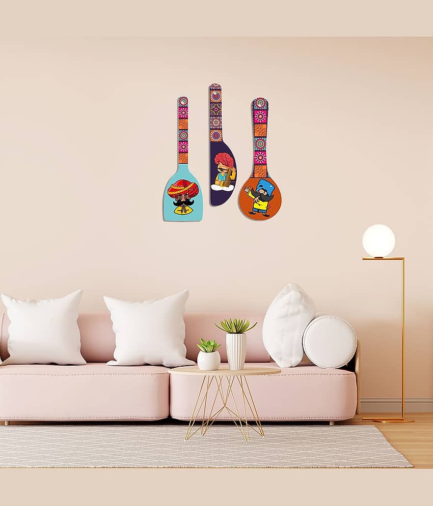 SAF Set of 3 Rajasthani Cartoon Spoon Wall Hangings – Colorful MDF Wooden Panels with Traditional Folk Characters for Kitchen Living Room Home Décor view 2