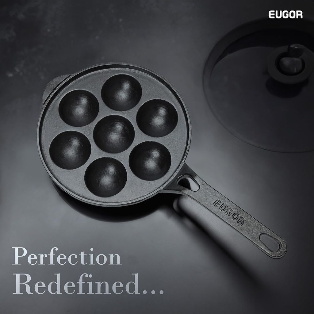 EUGOR Super Smooth Cast Iron Paniyaram Pan/Paddu Pan with Long Handle| 7 Pit, 8.3 Inch, Gas Compatible, Pre-Seasoned, 100% Toxin-Free (7Cavity Paddu) view 2