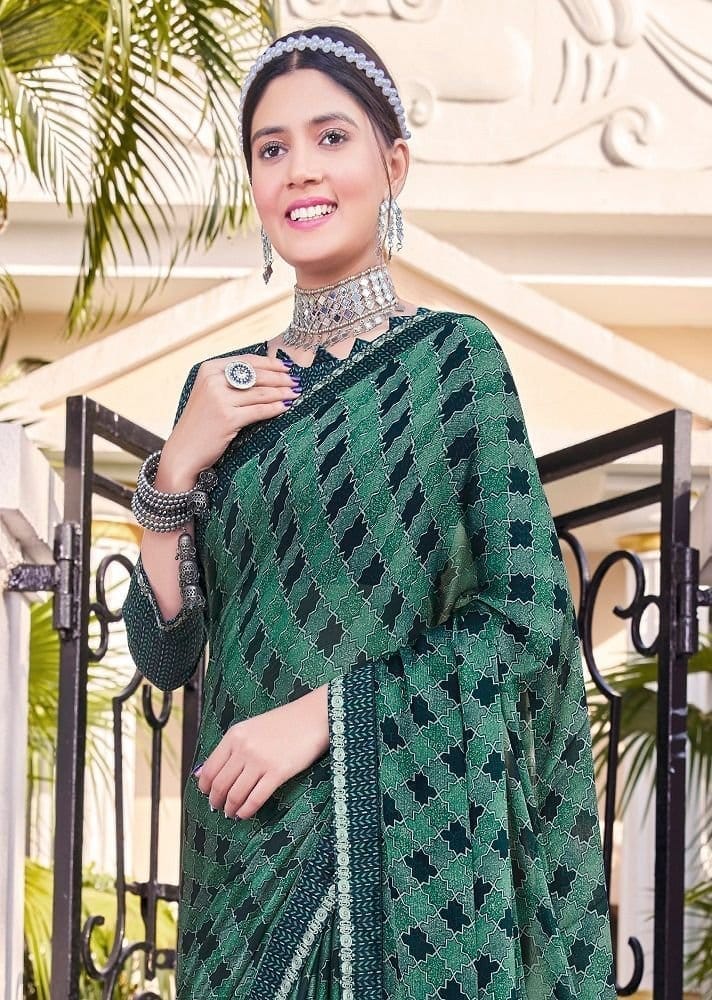 Digital Printed Georgette Saree in Green view 2