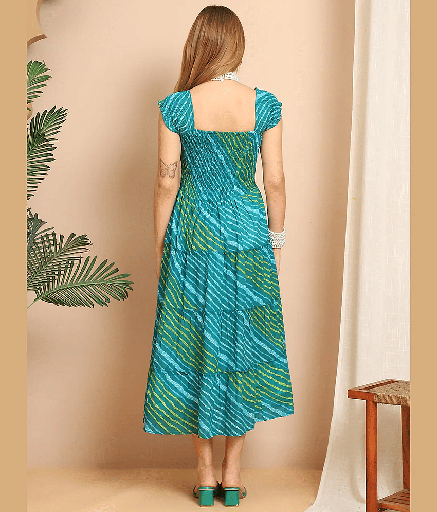 ZWERLON Women Viscose Rayon Printed A-line Dress ( Green ) view 2