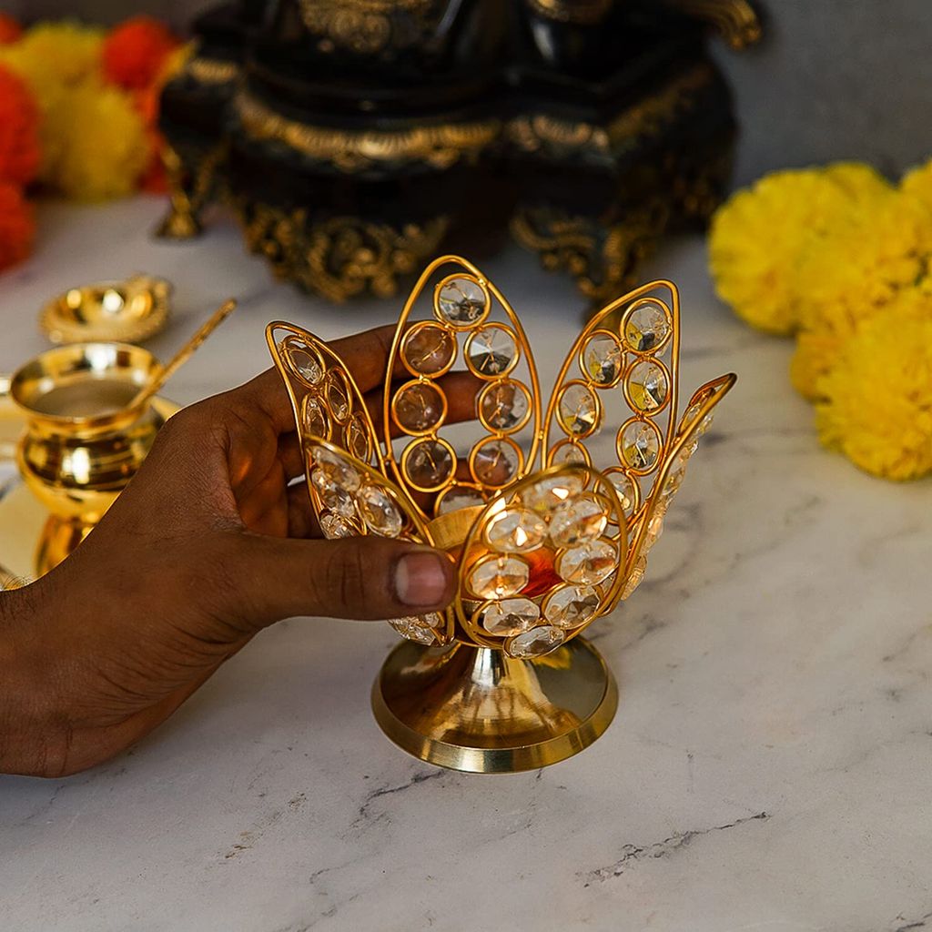 Craftlayout Crystal Lotus Diya Diwali Decoration, Golden 2.5 Inch view 2