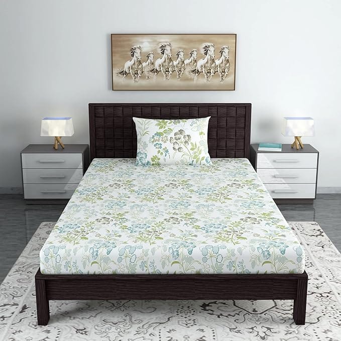 Floral Single Bedsheet with 1 Pillow Cover, 100% Cotton, Green