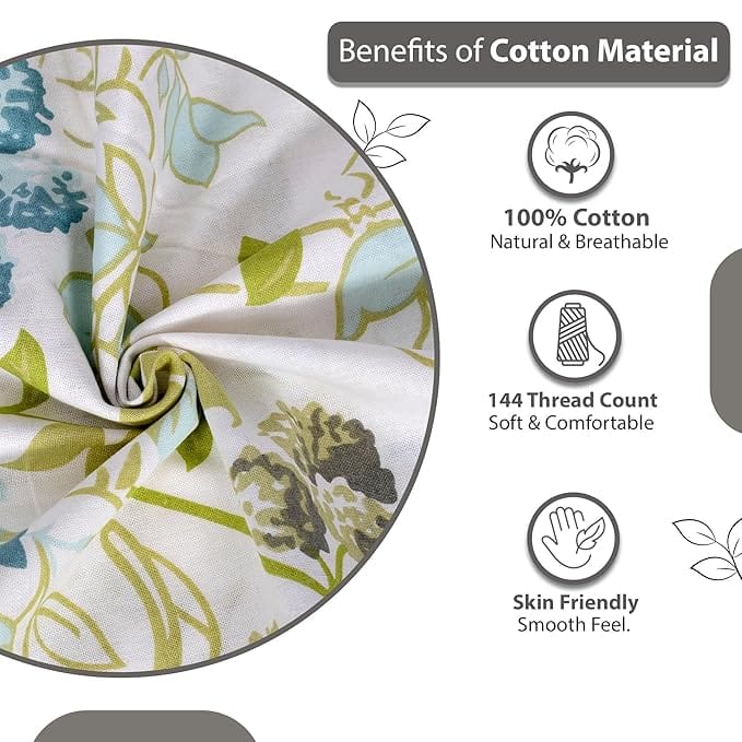 Floral Single Bedsheet with 1 Pillow Cover, 100% Cotton, Green view 2