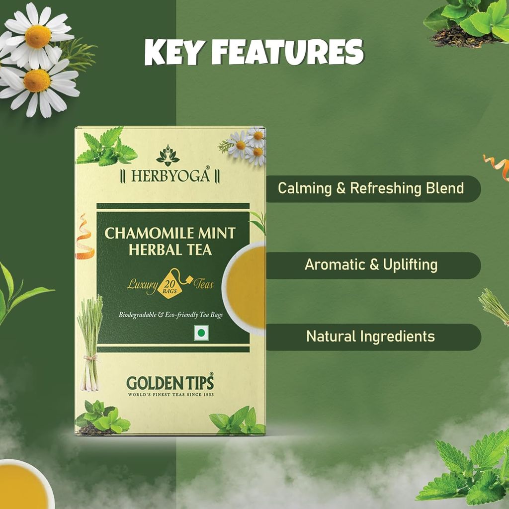 Golden Tips Chamomile Mint Herbal Tea, Blend of Green Tea, Chamomile, Peppermint, Spearmint, Orange Peel & Lemongrass, Refreshing & Calming Tea for Digestion & Relaxation view 2