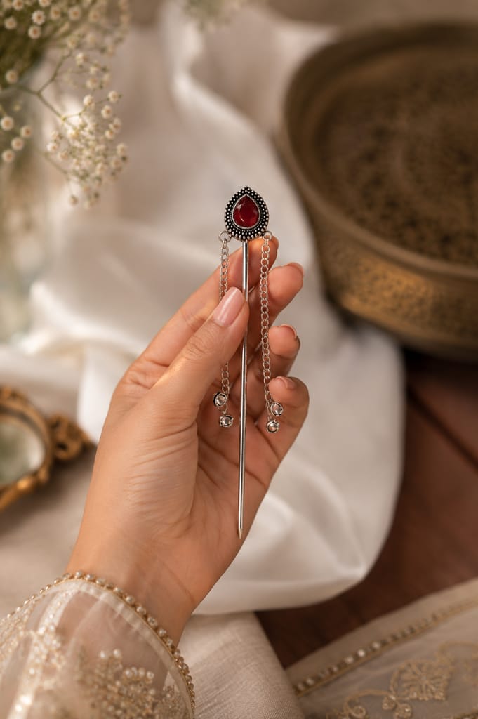 Handmade Oxidised Silver Elegant Gold Pearl Floral Juda Stick Hair Pin for Women view 2