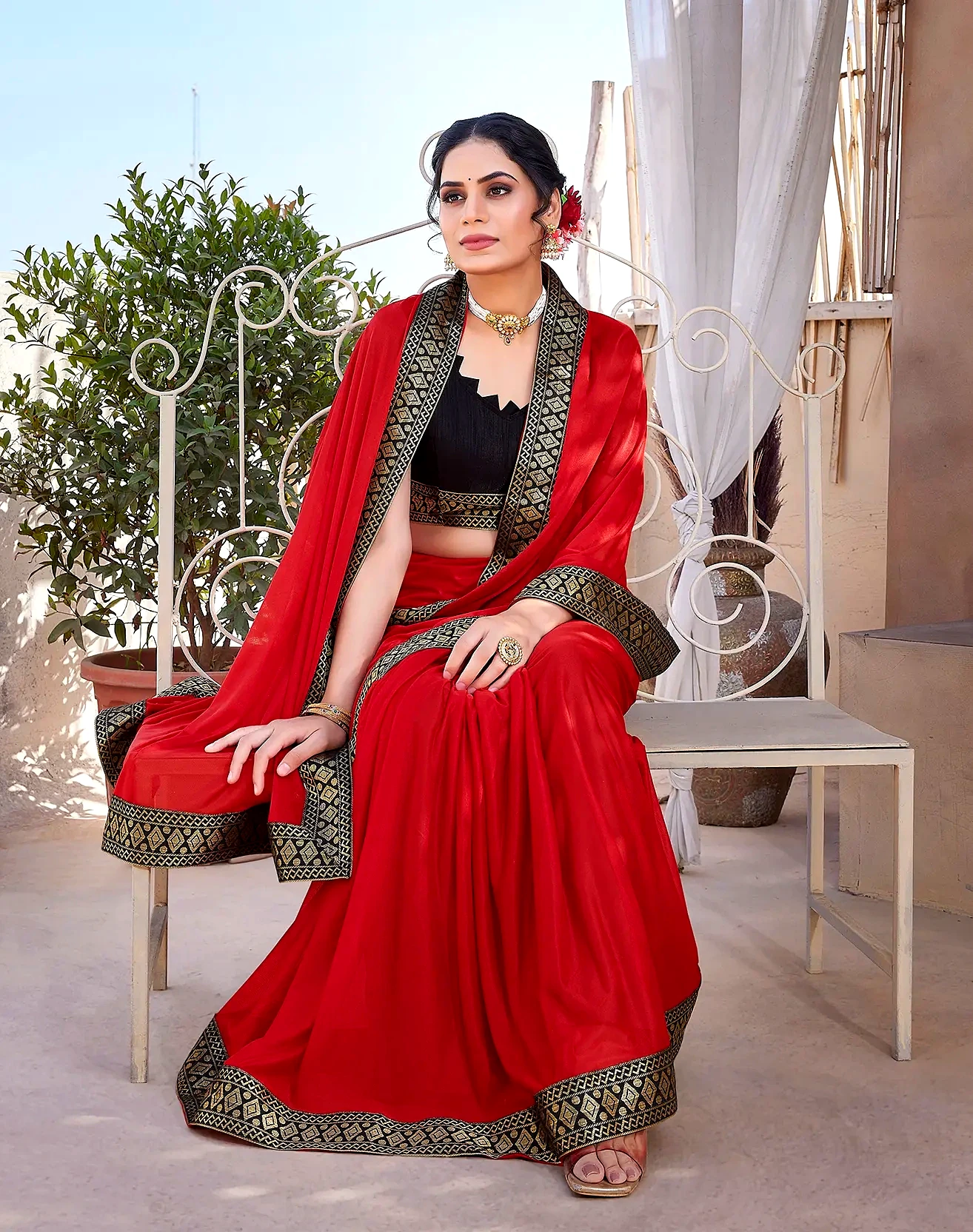 Lycra Saree with Lace Border (Color - Red) by SHIV TEXTILES view 2