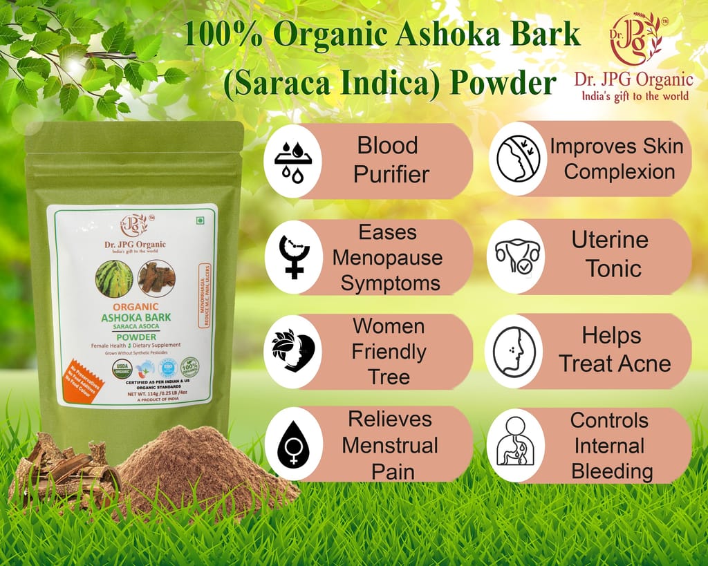 Dr. JPG Organic herbals Ashoka Powder | Ashoka bark Powder 228g Saraca Indica | INDIA ORGANIC Certified. view 2