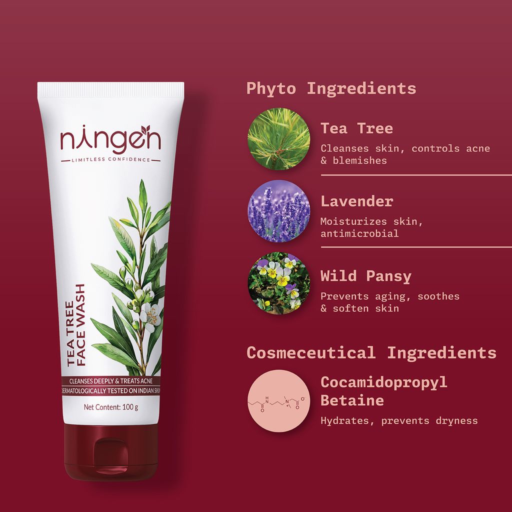 Ningen Tea Tree Face Wash I Infused with Lavender and Wild Pansy Extracts I Irritation Free, Paraben Free I For Skin Blemishes and Scars I 100g, White view 2