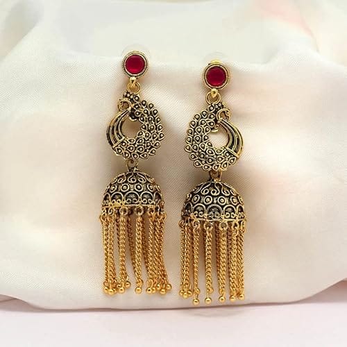 STOREPEDIA Gold Plated Oxidised Alloy Traditional Earrings For Women/Girls, Indian Rani Color Ethnic Peacock Dangle Jhumki/Jhumka Jewellery for Office Party Festival, Stylish Accessories for Women view 2