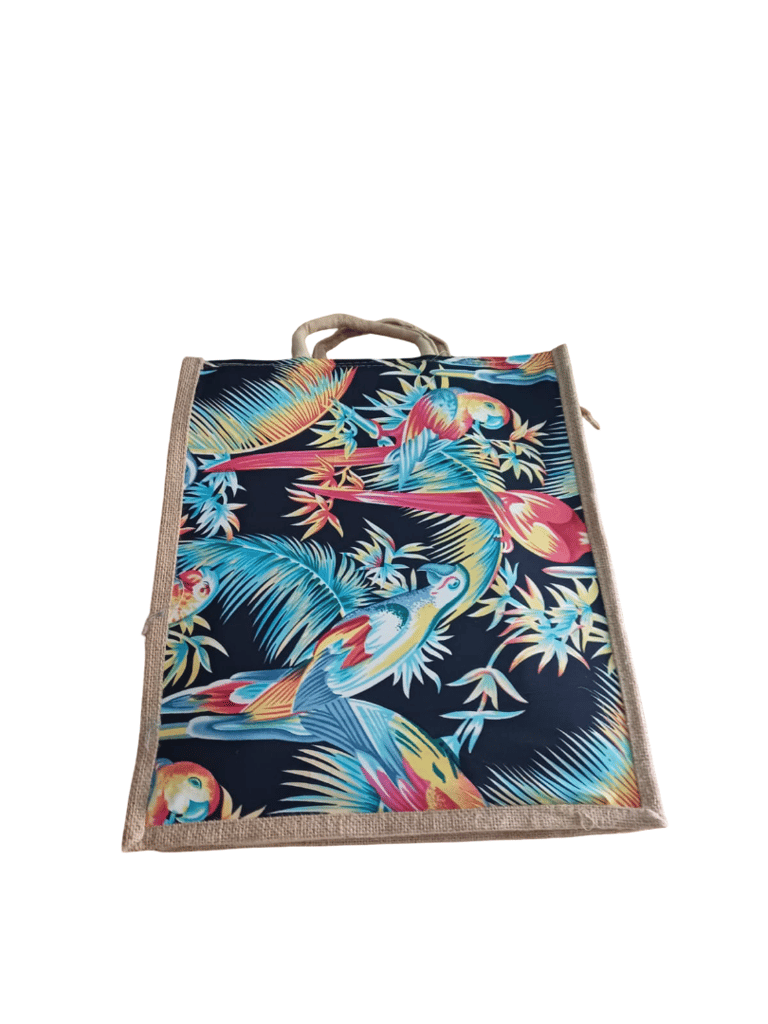 Jute Parrot Print Tote Bag with Canvas Panels - Stylish & Reusable view 2