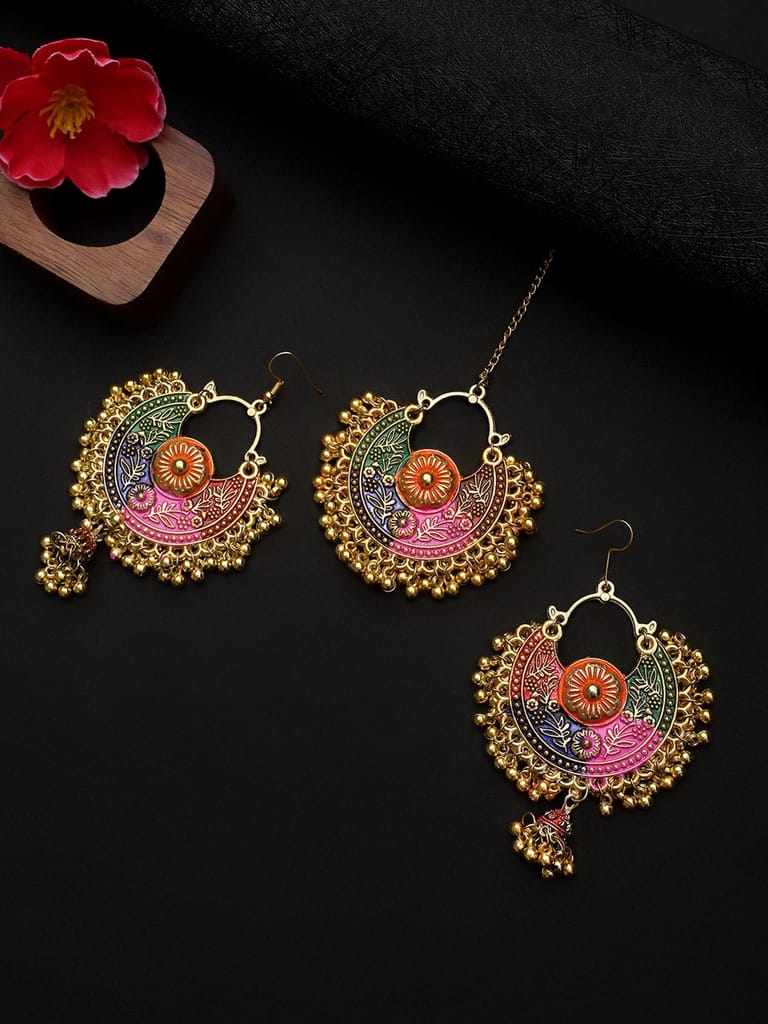 Multicolor Minakari Gold Plated Maang Tika & Earrings view 2