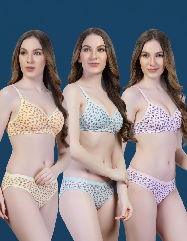 Ladies Bra Panty Set | Pack of 3 Padded Cotton Lingerie with Star Print | Stylish & Comfortable Innerwear for Daily Wear view 2