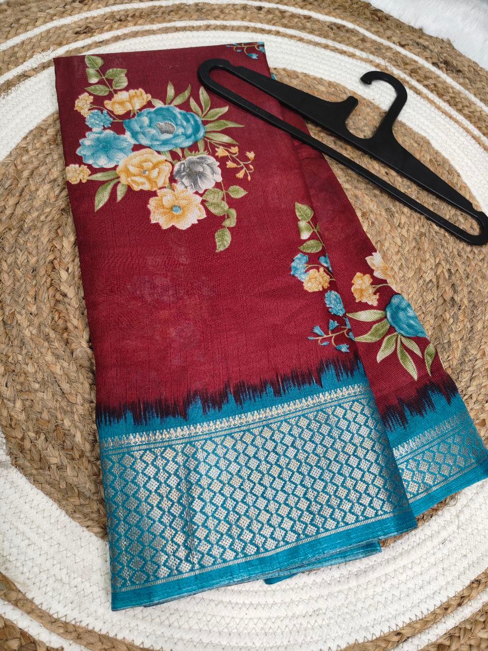 Flower Printed dola silk saree with blouse view 2