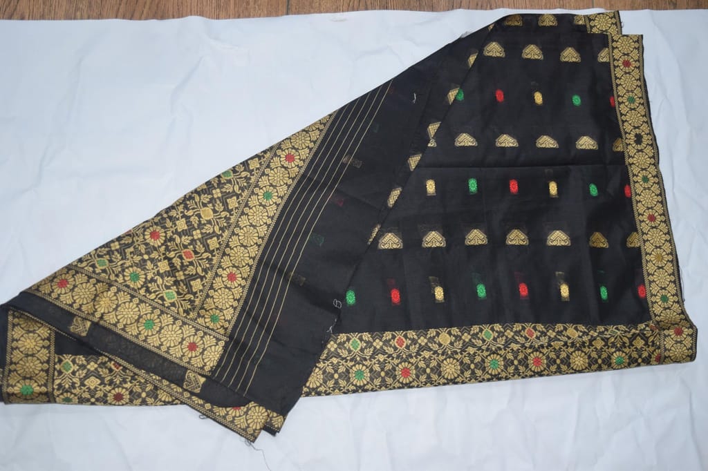 TULIP Traditional Black Assam Silk Saree with Gold Zari Border, Handwoven Silk, Floral Pattern, Red and Green Accent Dots, view 2