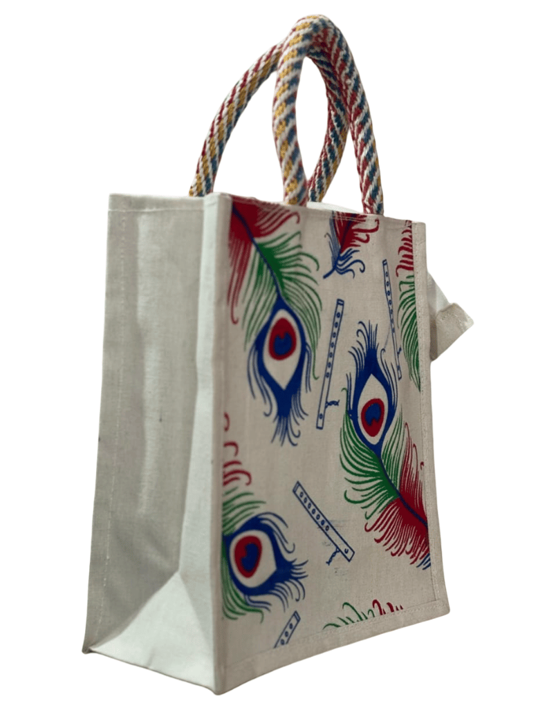 Peacock Feather Printed Jute Bag - Eco-Friendly Tote (T) view 2