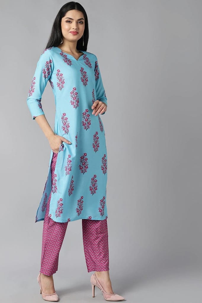 Blue Polyester Ethnic Motifs Straight Suit Set PKSKD1085 view 2