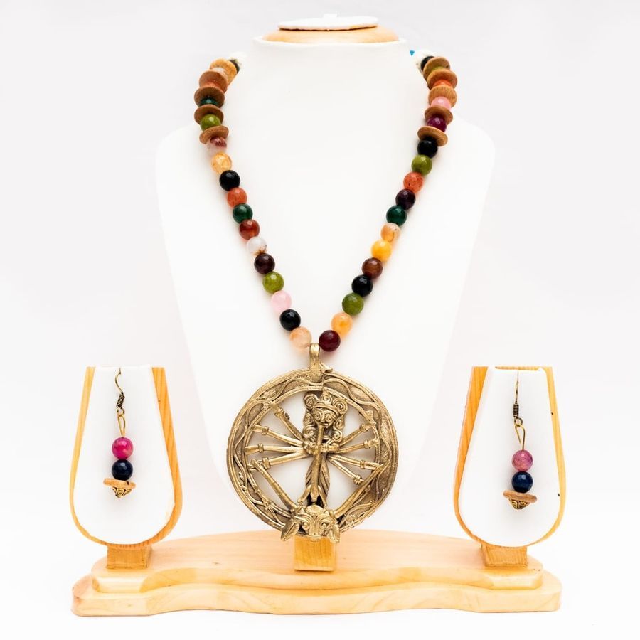 Dokra Locket With Stone and Wooden Beads view 2