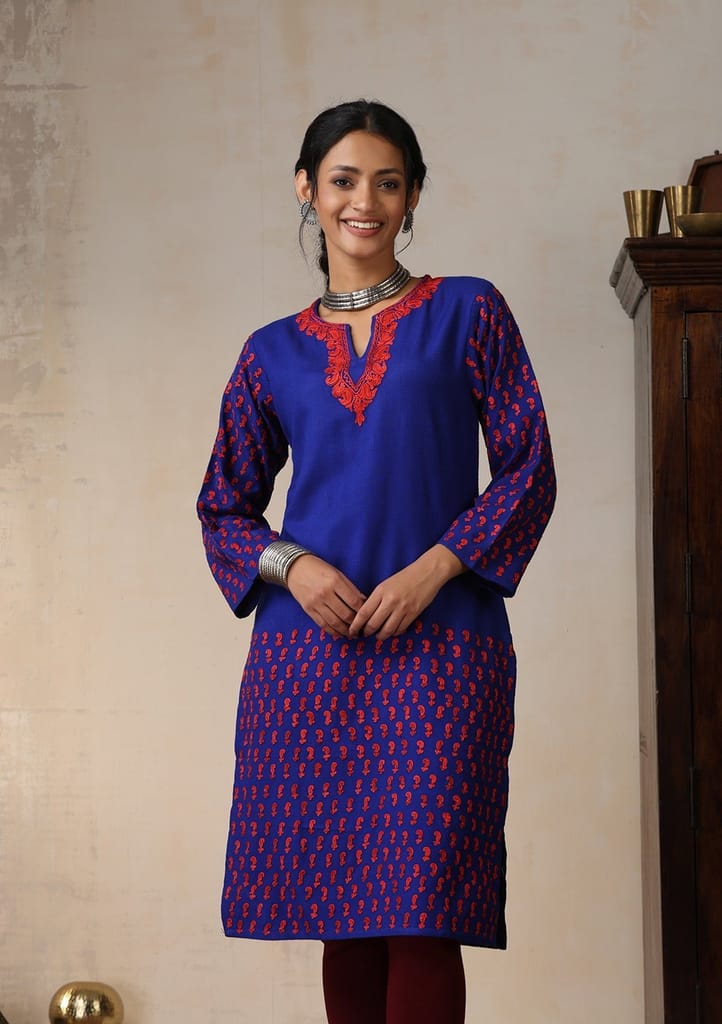 HOC Crafts Aari Embroidered Woollen Solid Women's Long Kurta - Royal Blue view 2