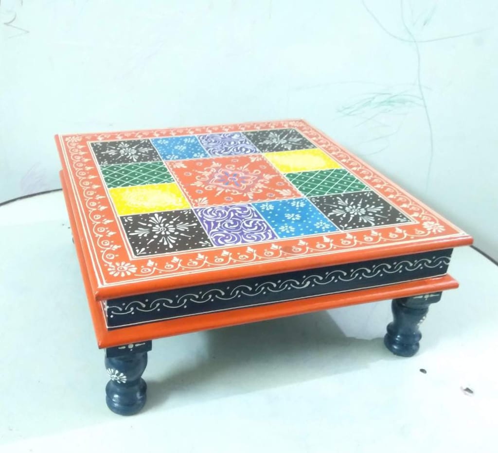 Wooden/mdf Embossed Painted Chowki for Home Decor view 2