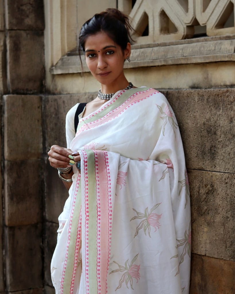 Pure White Gulmohar Silk Saree by Aagaaz Jaipur view 2