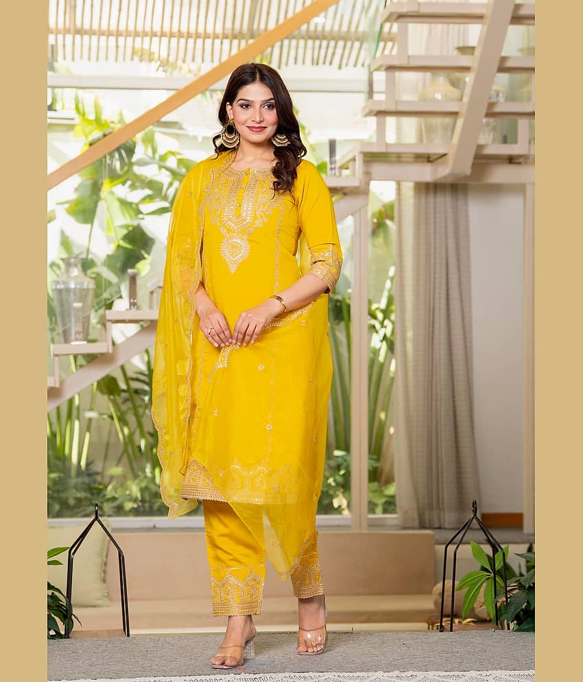 Juniper Women Viscose Embroidered Straight Kurti With Pants ( Mustard ) view 2