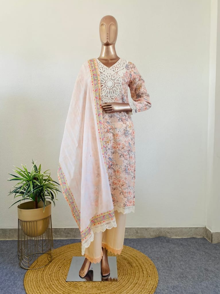 Floral Printed Pakistani Suit Set with Lace Details view 2