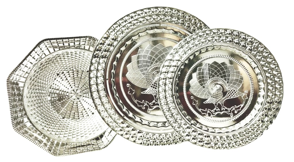 Omkar by R3 Inc. Royal Silver Gifting Set for Gifts Hampers | Designer Shagun Plate/Tray | Wedding Bowl for gift/fruit Packing (Plate - Regular & Jumbo & Bowl/Pack of 3) view 2