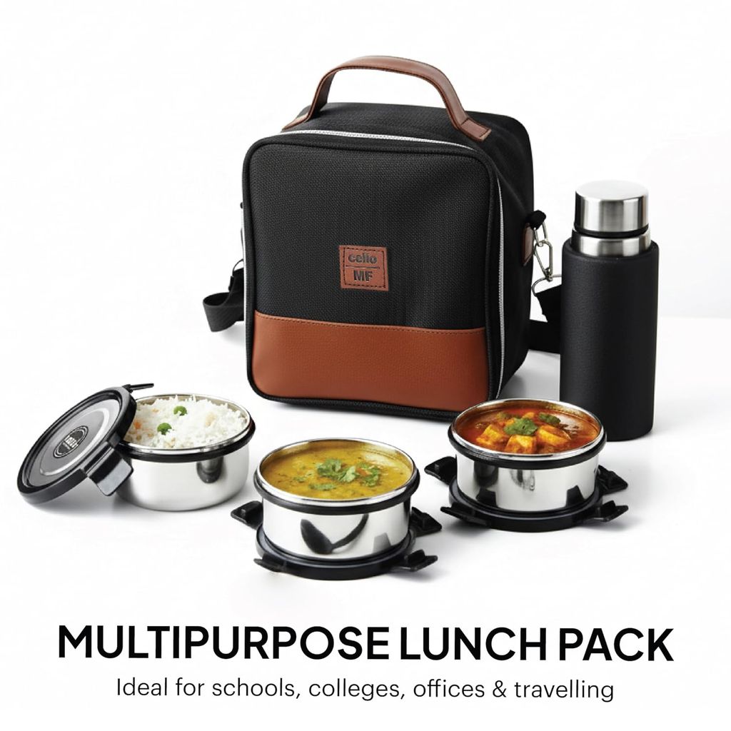 CELLO MF President Combo Stainless Steel Lunch Box with Bag, Black Leatherite | 3 x 300ml Round Steel Container, 1 x 450ml Steel Water Bottle | Airtight Clip Lock, Rust & Leakproof Office Tiffin Box view 2